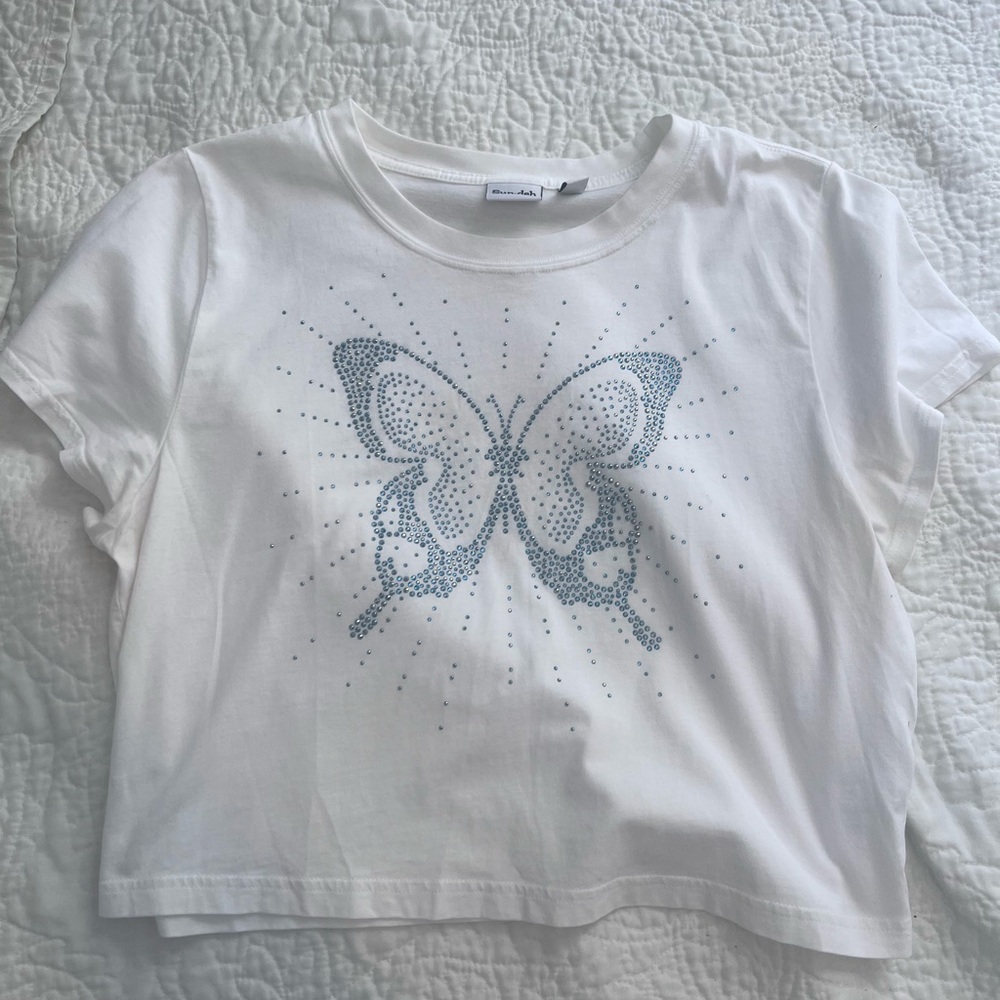 Aritzia White Tee with Blue Butterfly Design